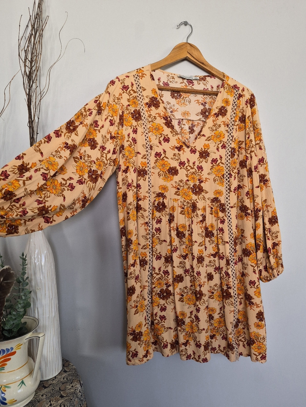 Peach Floral V-Neck Boho Tunic Dress